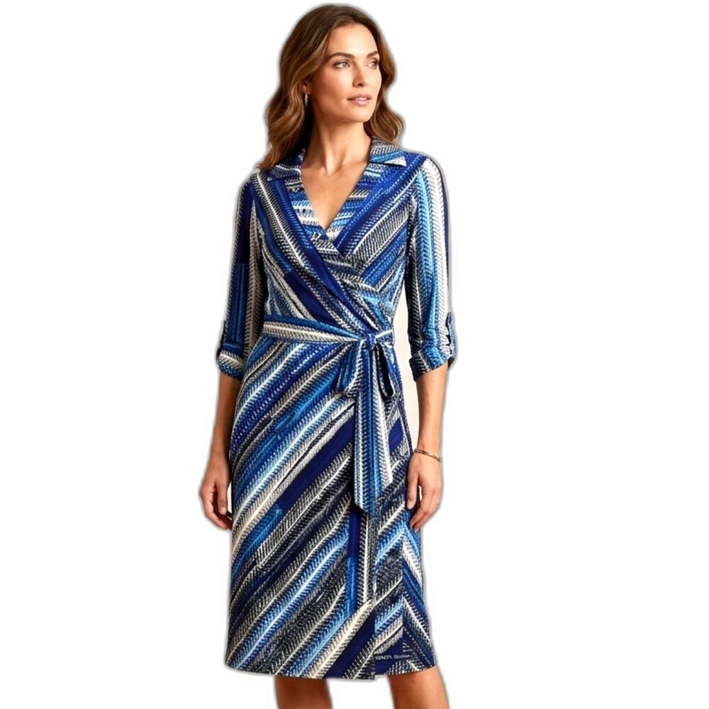 Laundry Shelli Segal Blue Wrap Dress Size 4 Geometric Belted 3/4 Sleeve